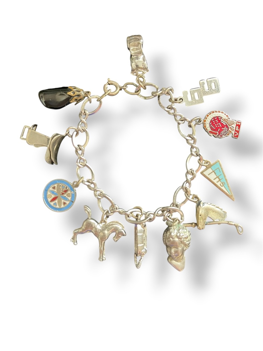 Vintage Silver Charm Bracelet with Multicolor Enamel Accents